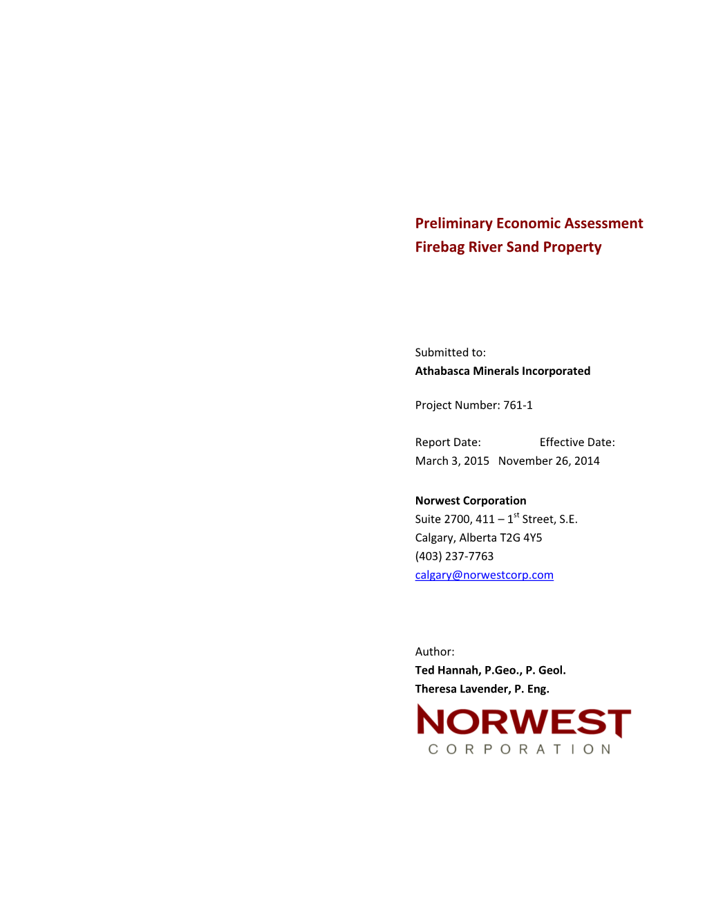 Preliminary Economic Assessment Firebag River Sand Property