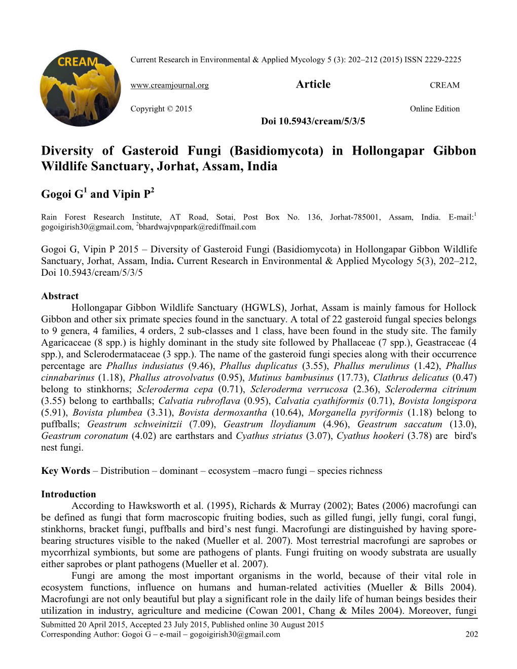 Diversity of Gasteroid Fungi (Basidiomycota) in Hollongapar Gibbon Wildlife Sanctuary, Jorhat, Assam, India