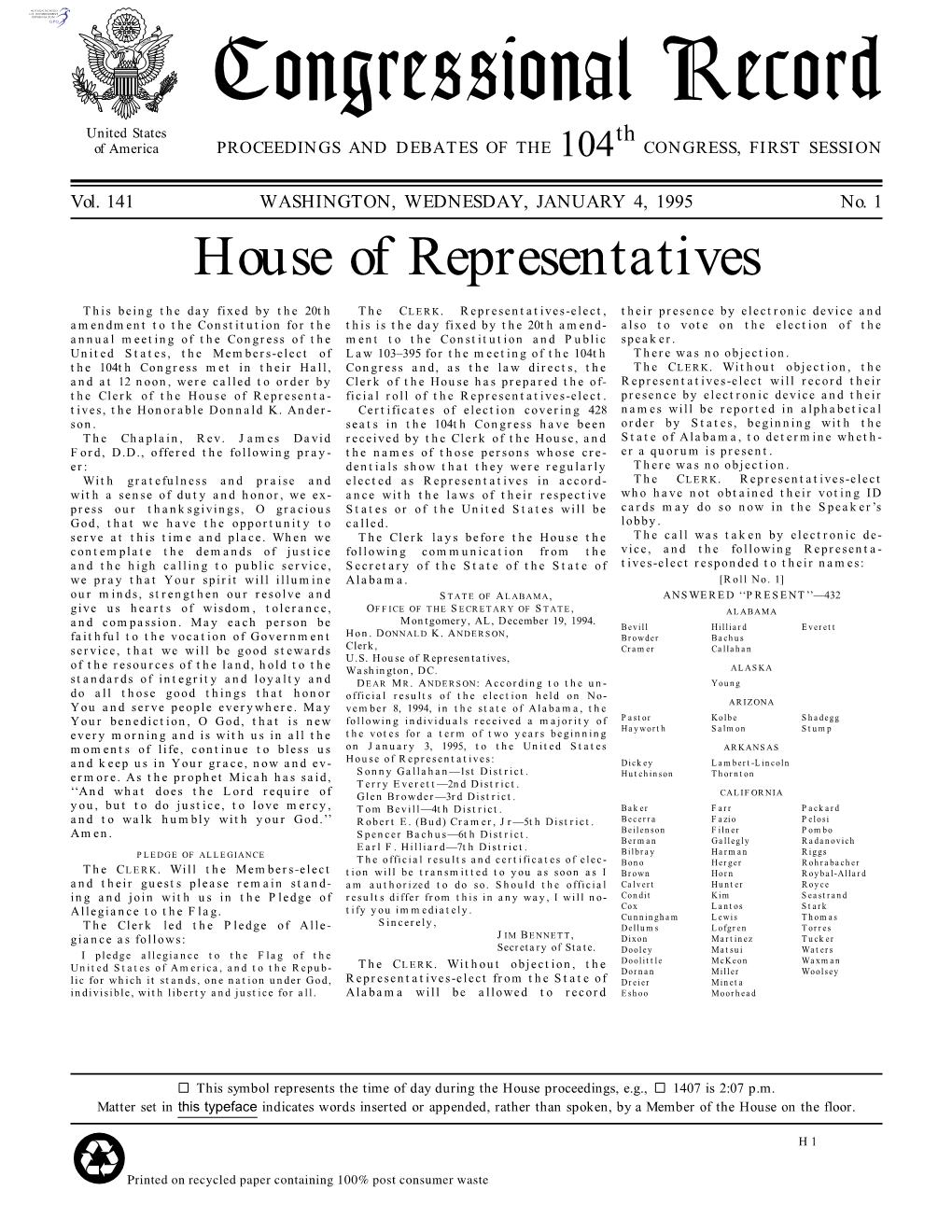 Congressional Record United States Th of America PROCEEDINGS and DEBATES of the 104 CONGRESS, FIRST SESSION