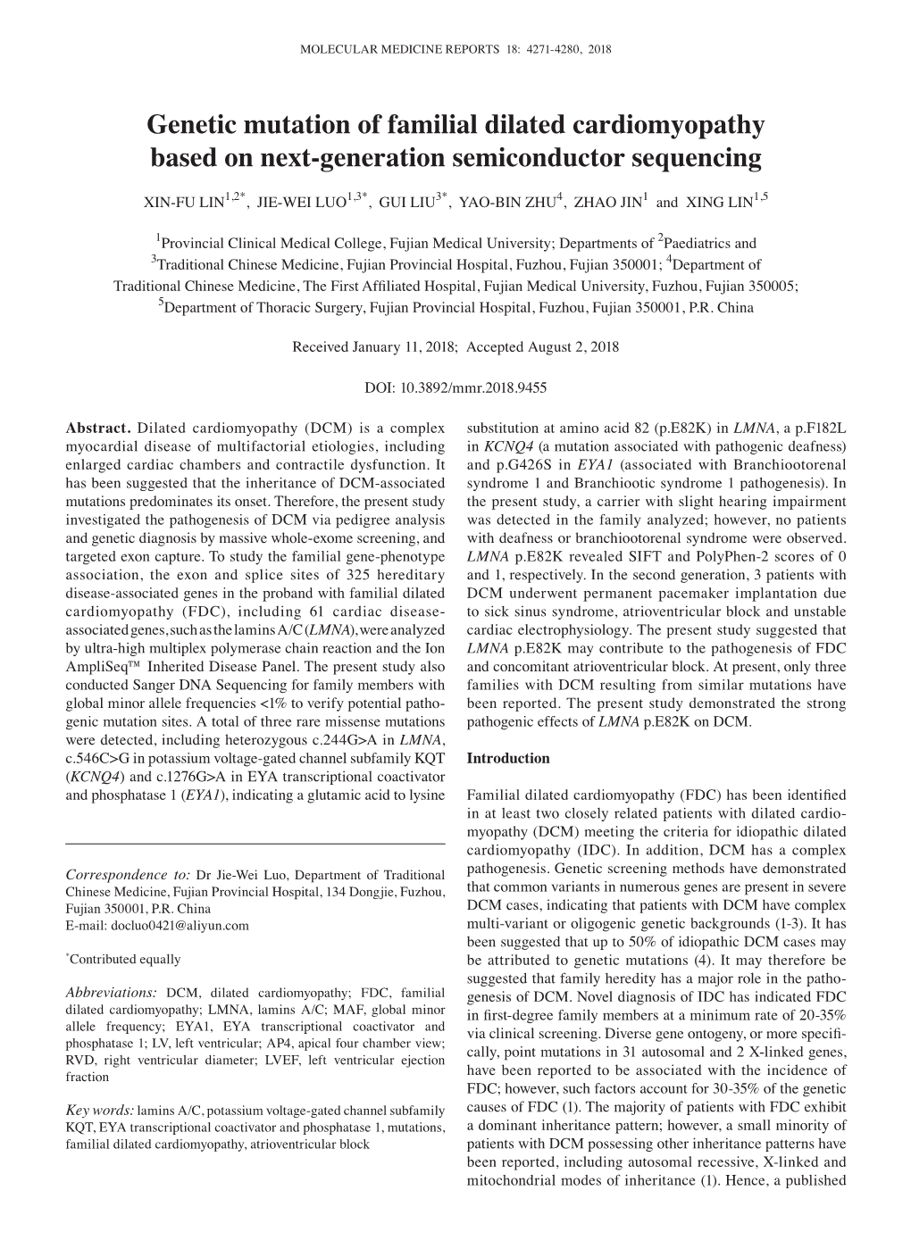 Genetic Mutation of Familial Dilated Cardiomyopathy Based on Next‑Generation Semiconductor Sequencing