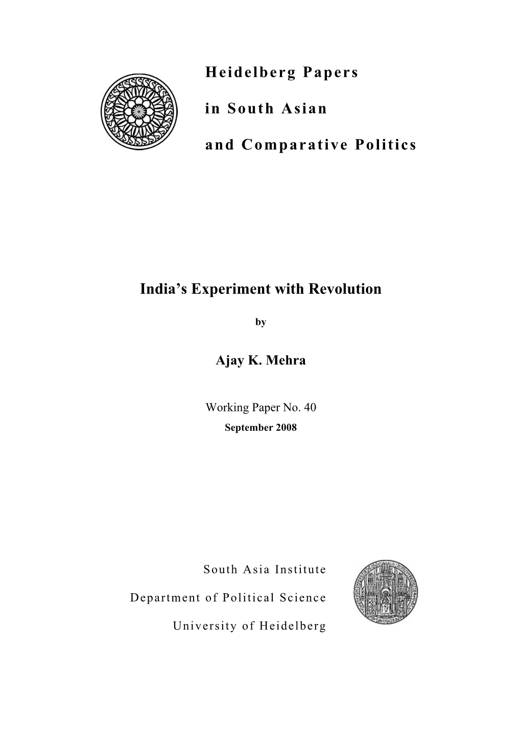 Heidelberg Papers in South Asian and Comparative Politics India's