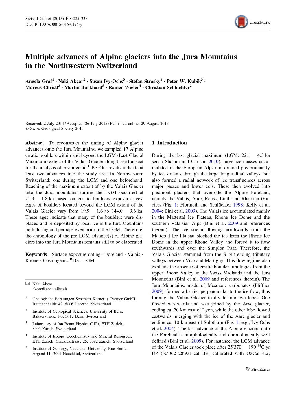 Multiple Advances of Alpine Glaciers Into the Jura Mountains in the Northwestern Switzerland