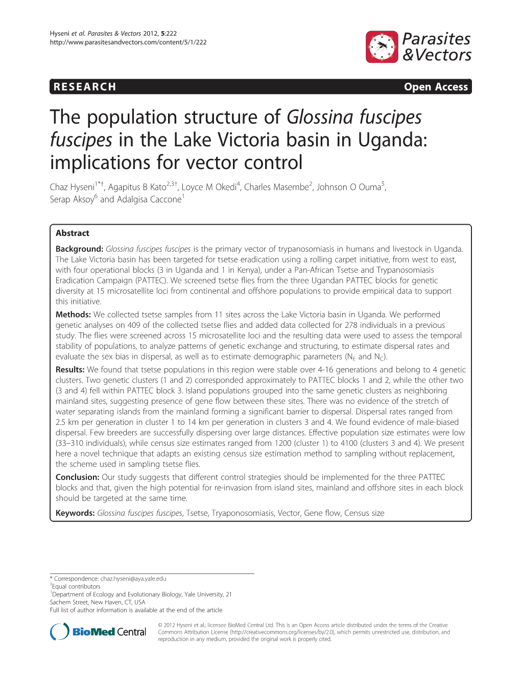 The Population Structure of Glossina Fuscipes Fuscipes in the Lake