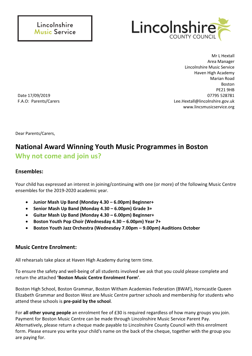 National Award Winning Youth Music Programmes in Boston Why Not Come and Join Us?