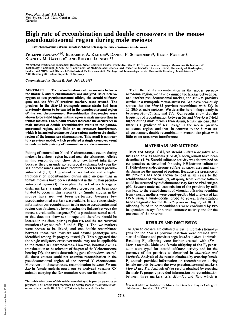 High Rate of Recombination and Double Crossovers in the Mouse Pseudoautosomal Region During Male Meiosis