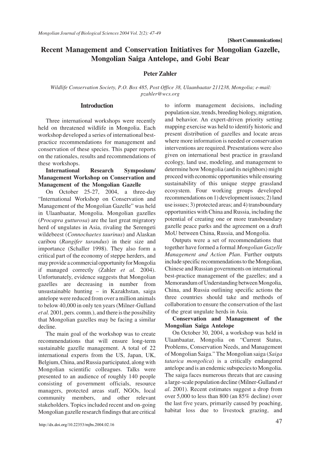 Recent Management and Conservation Initiatives for Mongolian Gazelle, Mongolian Saiga Antelope, and Gobi Bear