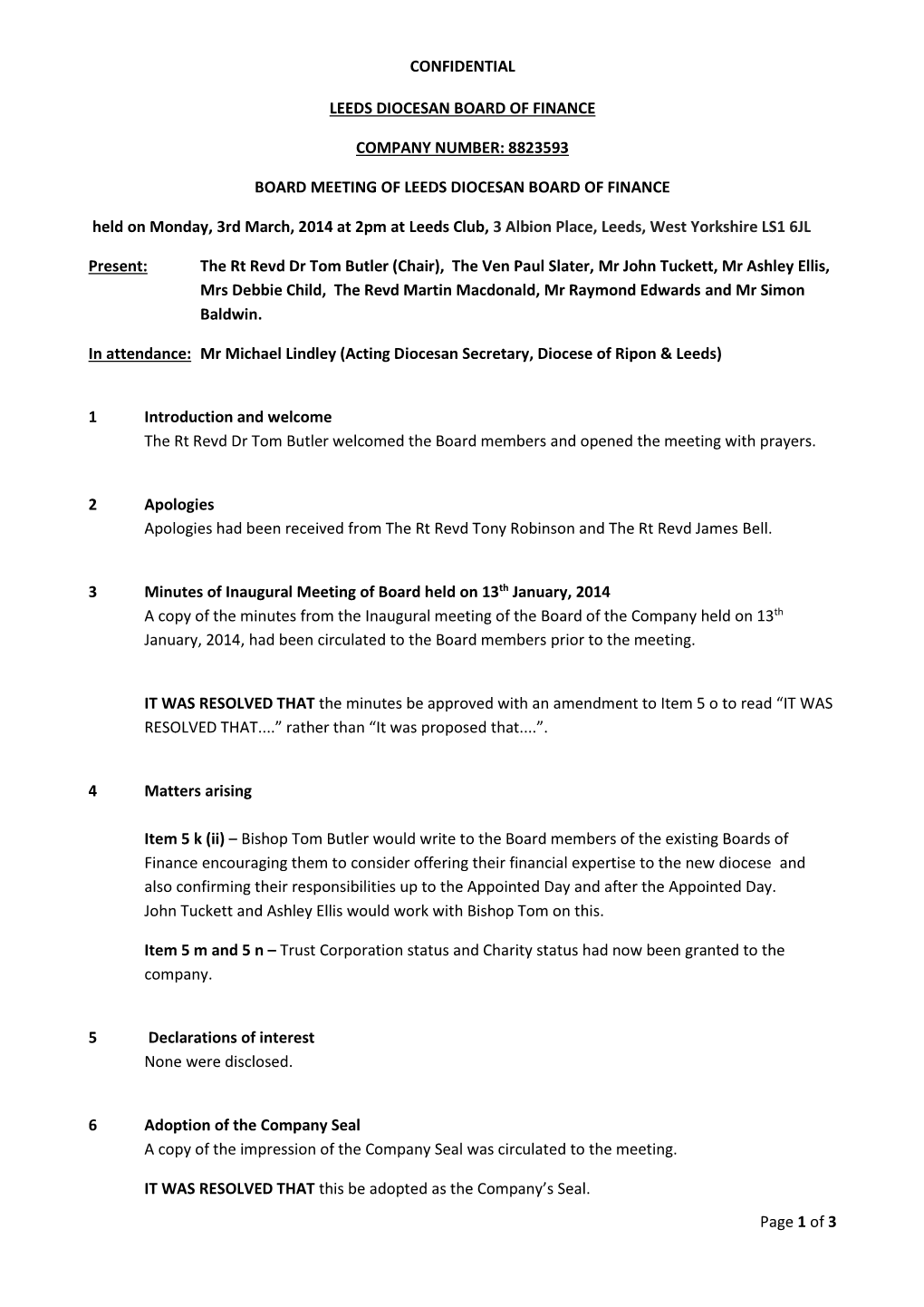 CONFIDENTIAL Page 1 of 3 LEEDS DIOCESAN