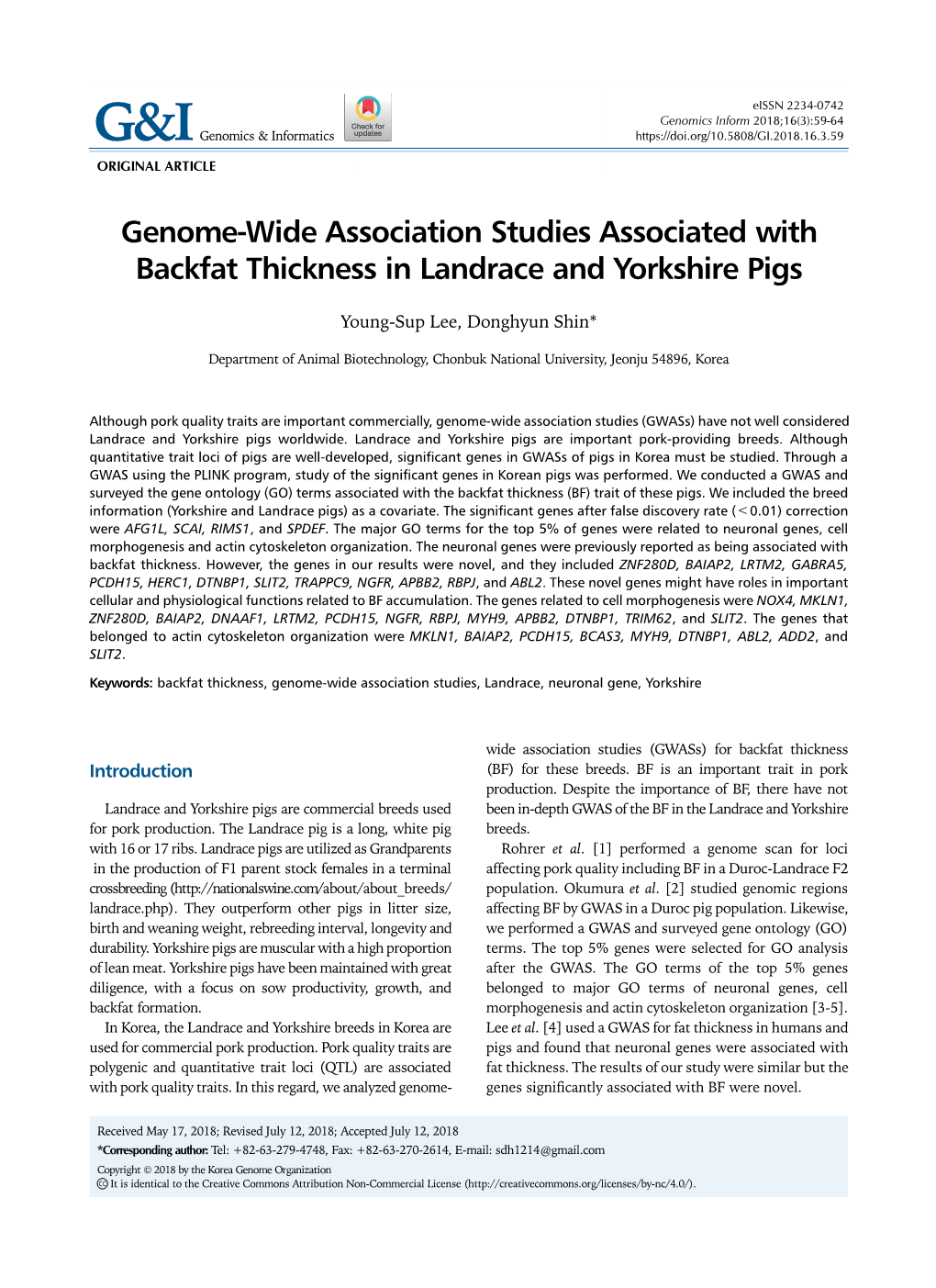 Genome-Wide Association Studies Associated with Backfat Thickness in Landrace and Yorkshire Pigs