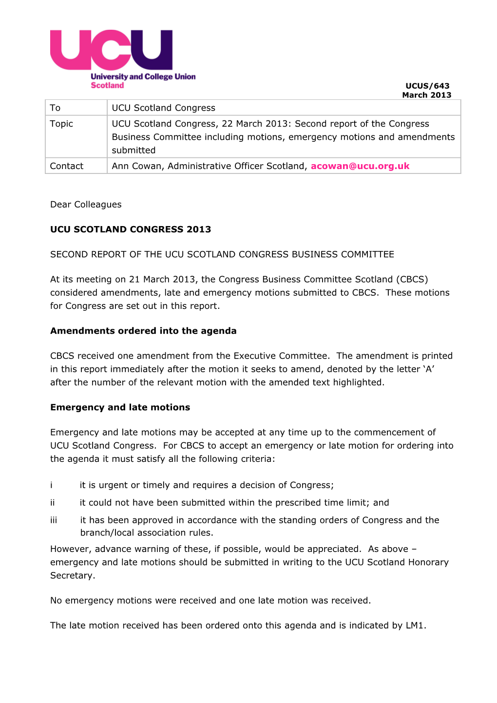 Second Report of the Ucu Scotlandcongress Business Committee