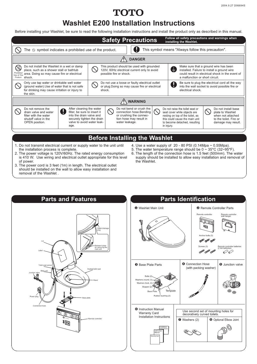 Washlet E200 Installation Instructions