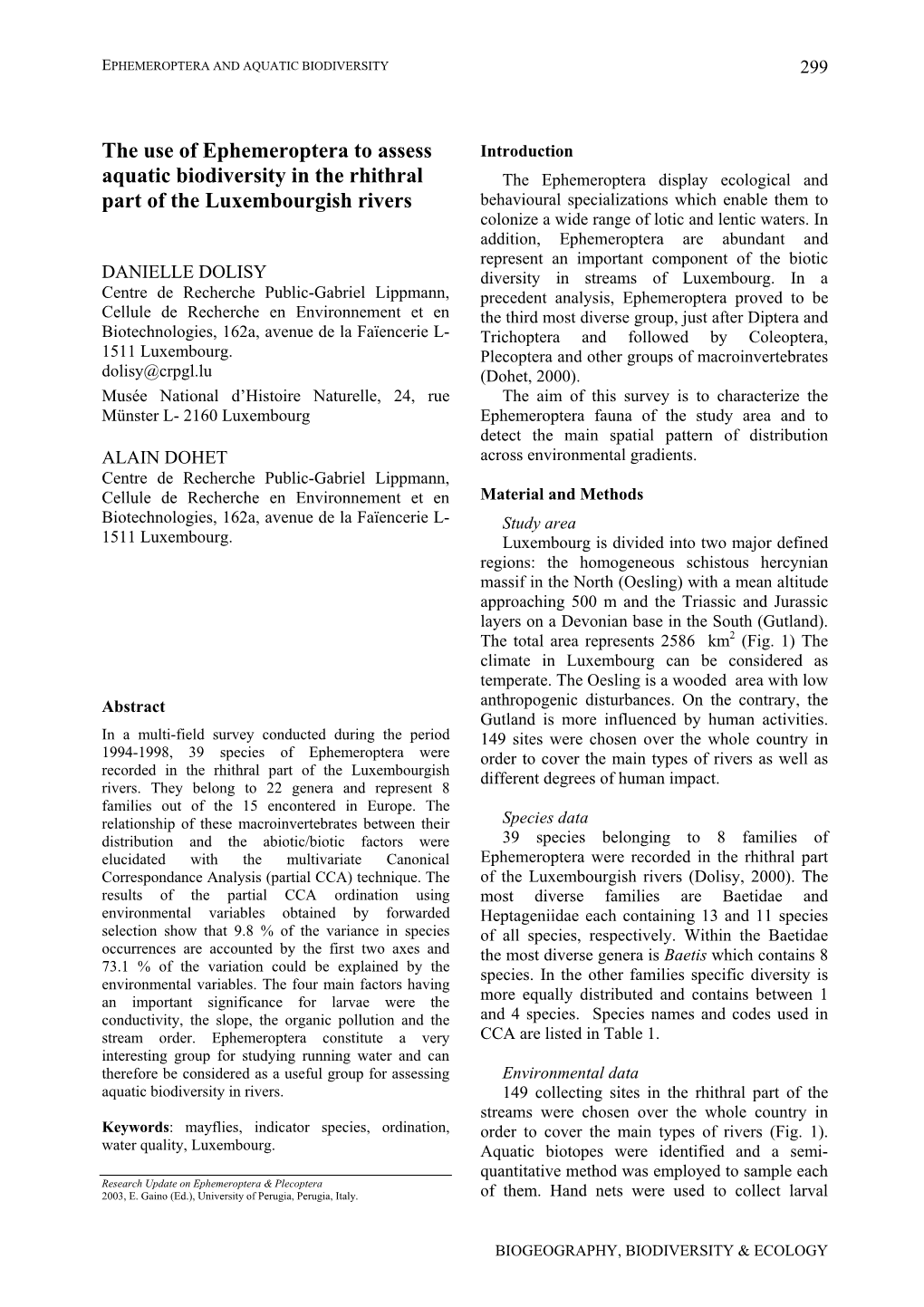 The Use of Ephemeroptera to Assess Aquatic Biodiversity in the Rhithral Part of the Luxembourgish Rivers