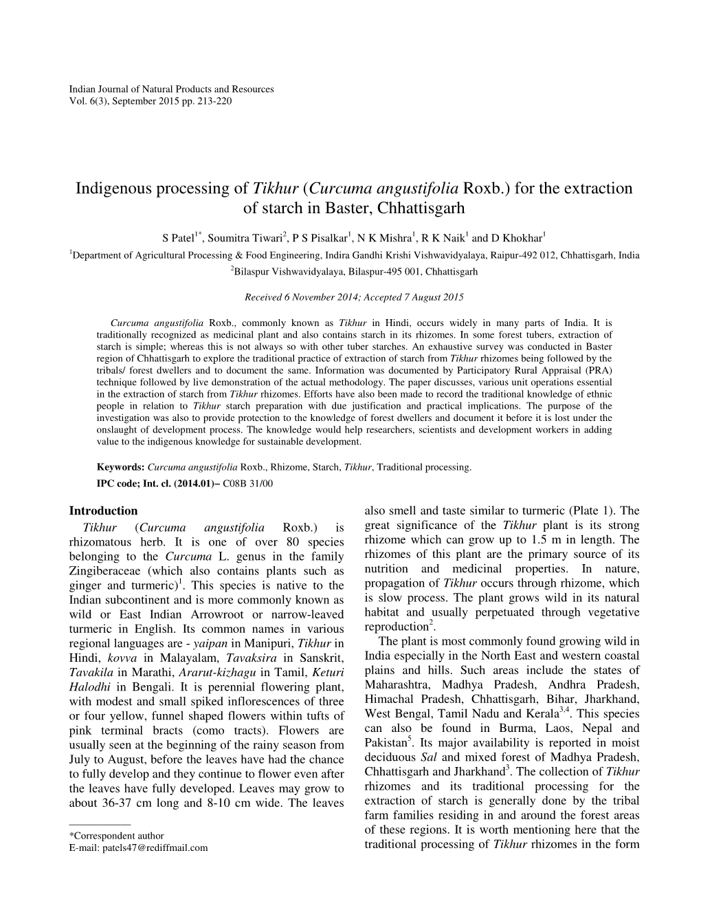 Curcuma Angustifolia Roxb.) for the Extraction of Starch in Baster, Chhattisgarh