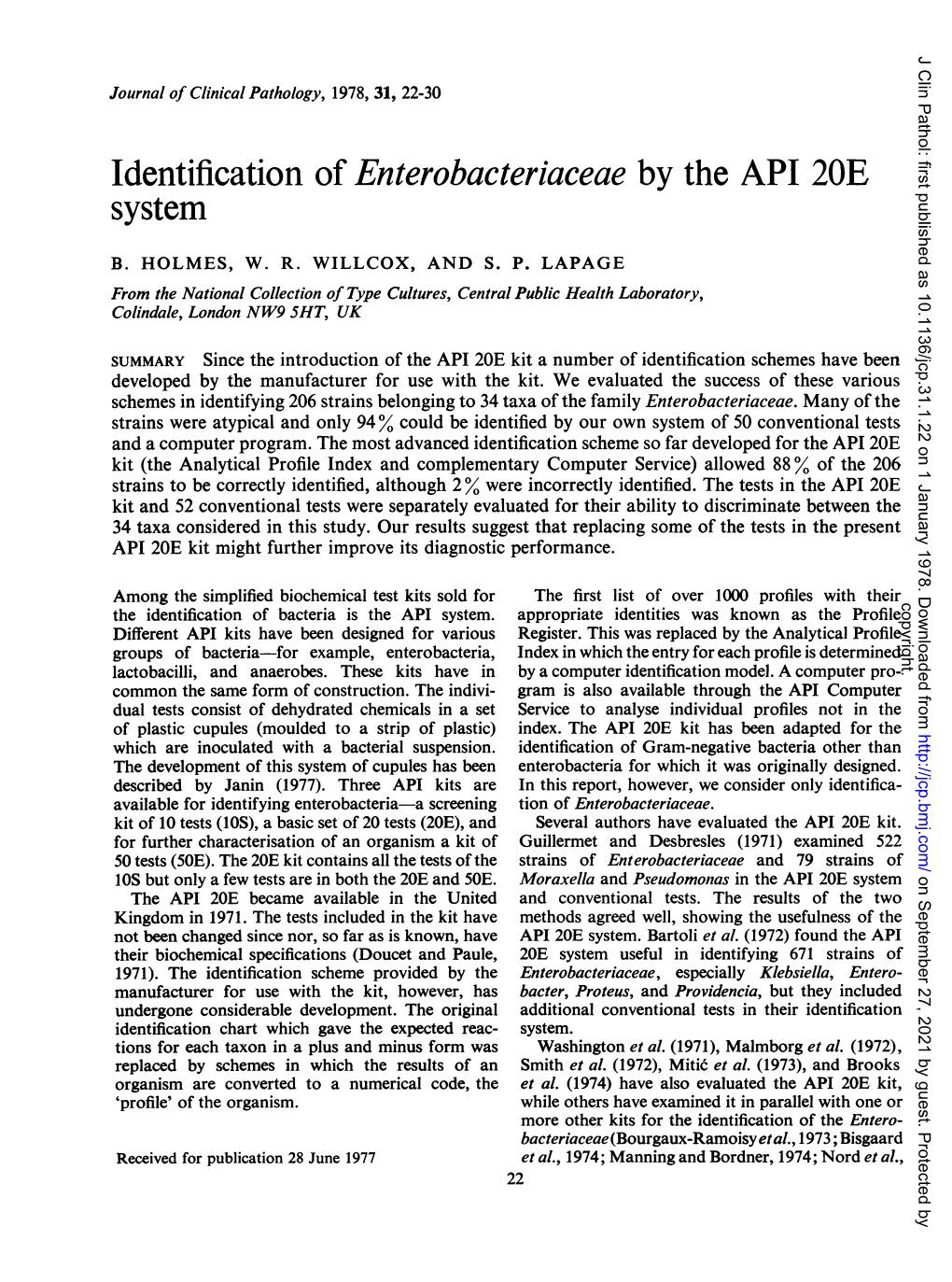 Identification of Enterobacteriaceae by the API 20E System