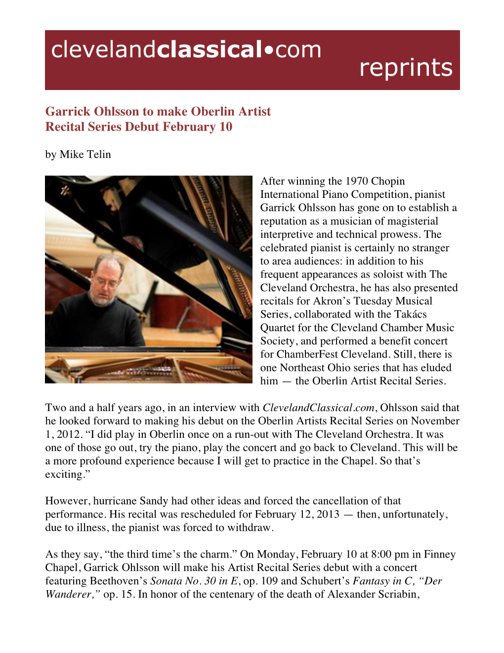 Garrick Ohlsson to Make Oberlin Artist Recital Series Debut February 10 by Mike Telin