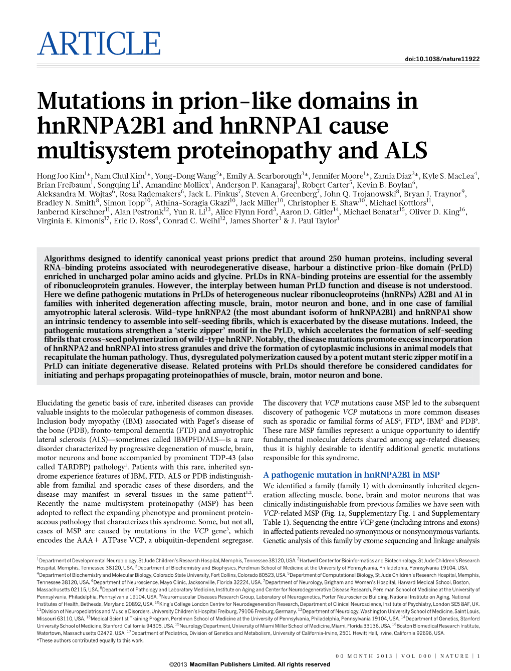 Mutations in Prion-Like Domains in Hnrnpa2b1 and Hnrnpa1 Cause Multisystem Proteinopathy and ALS