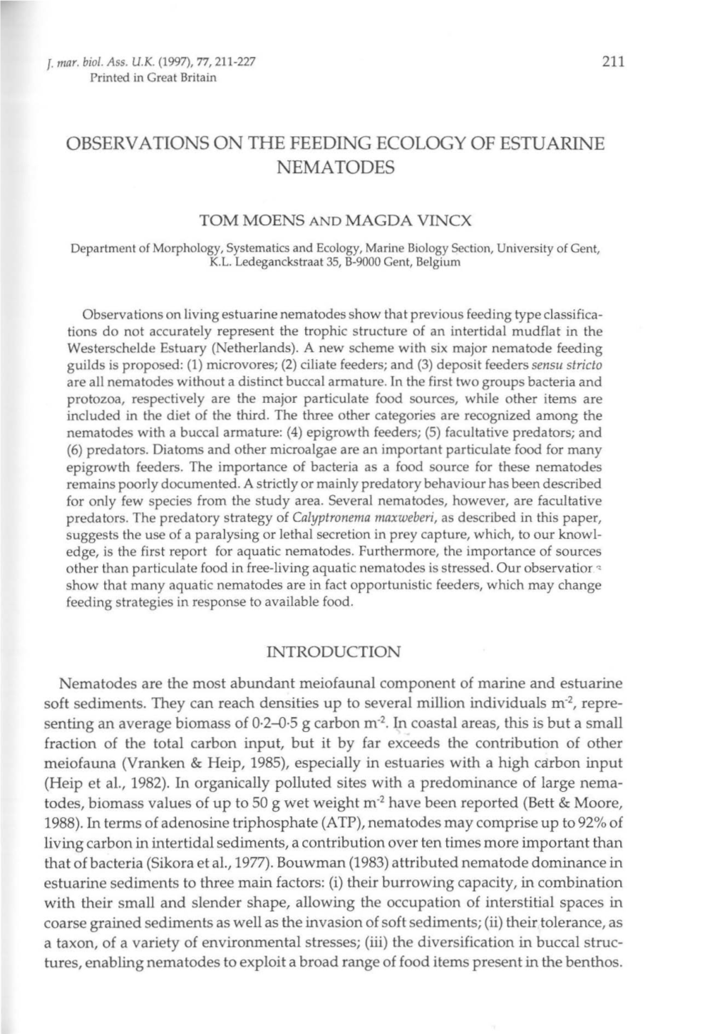 Observations on the Feeding Ecology of Estuarine Nematodes