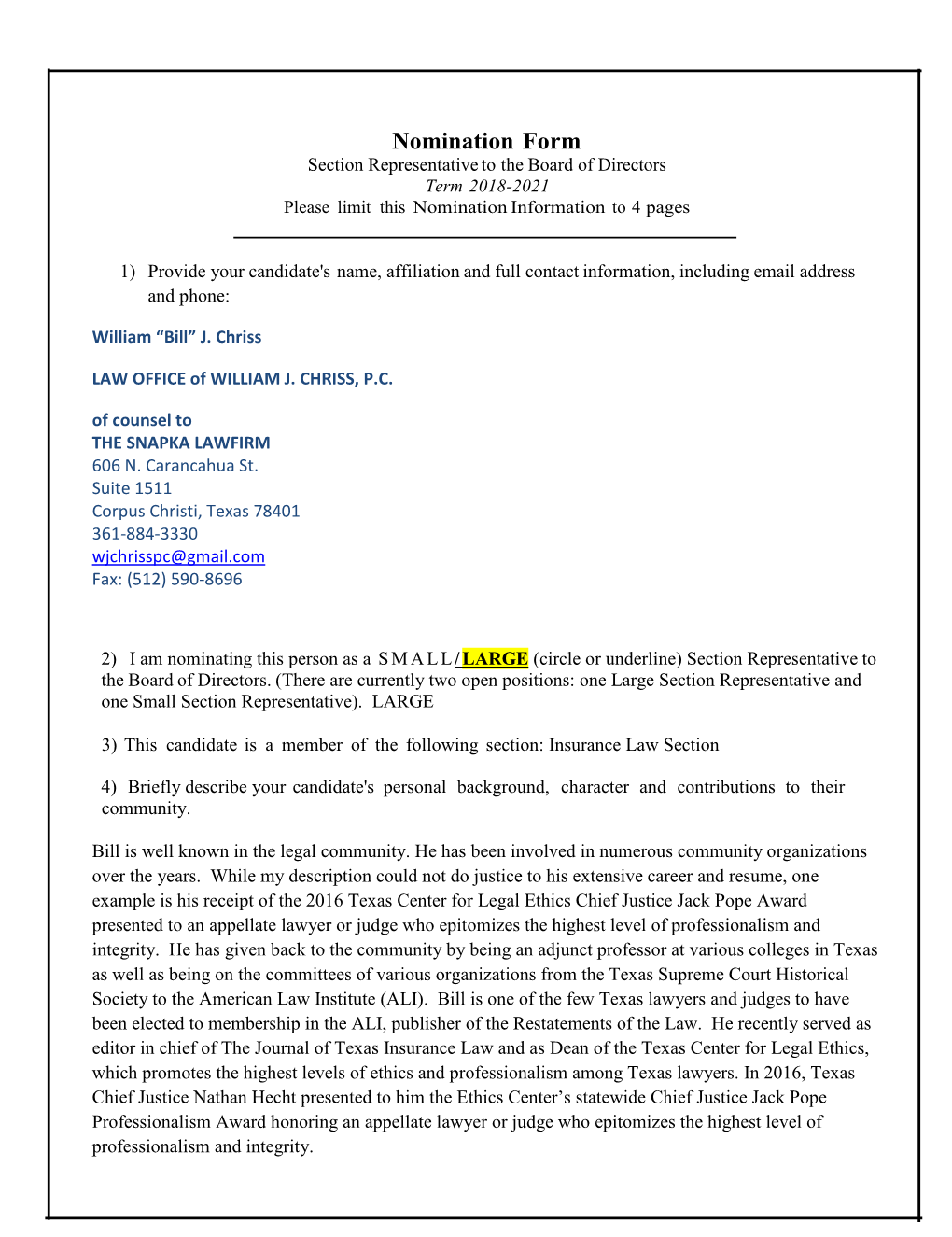 Nomination Form Section Representative to the Board of Directors Term 2018-2021 Please Limit This Nomination Information to 4 Pages