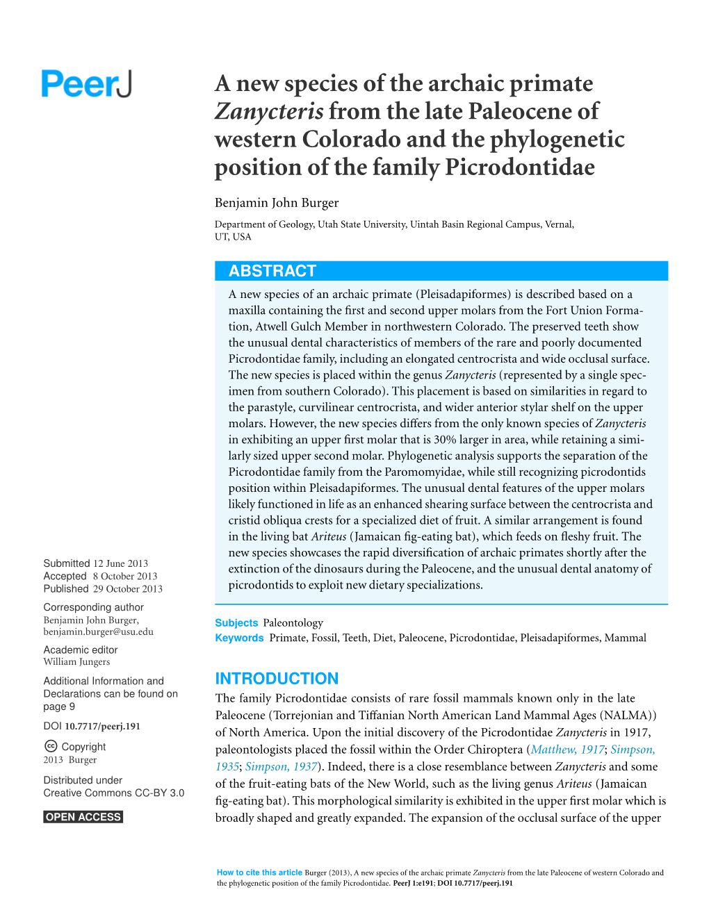 A New Species of the Archaic Primate Zanycteris from the Late Paleocene of Western Colorado and the Phylogenetic Position of the Family Picrodontidae