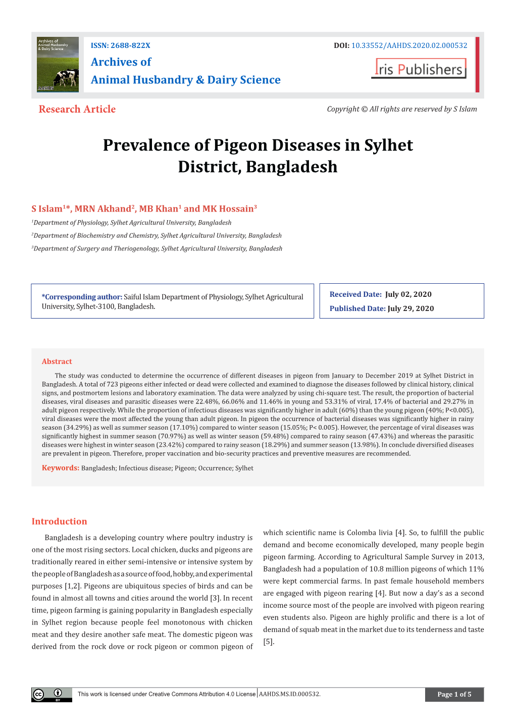 Prevalence of Pigeon Diseases in Sylhet District, Bangladesh