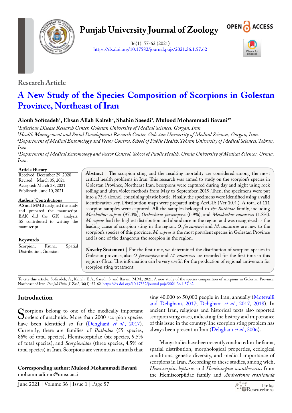 A New Study of the Species Composition of Scorpions In