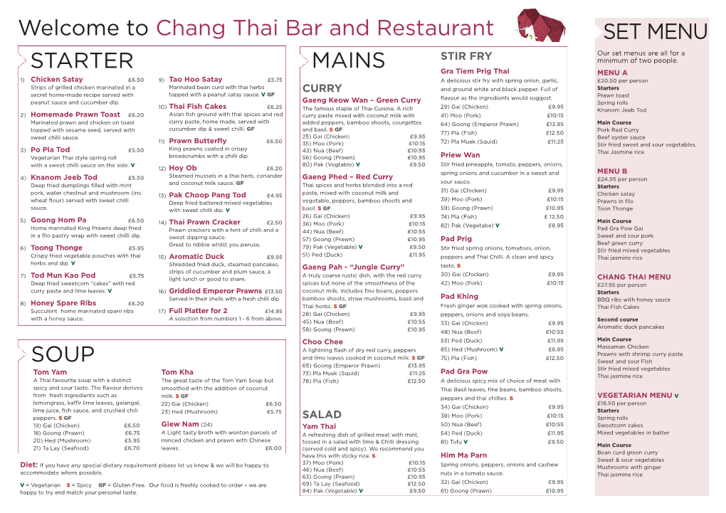 STARTER SOUP Mains Welcome to Chang Thai Bar and Restaurant SET MENU