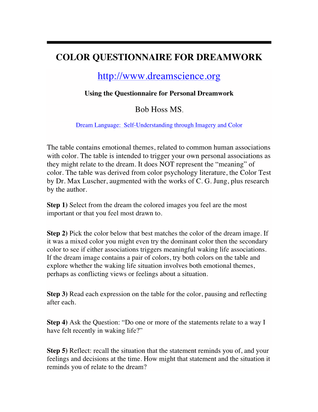 Color Questionnaire for Dreamwork