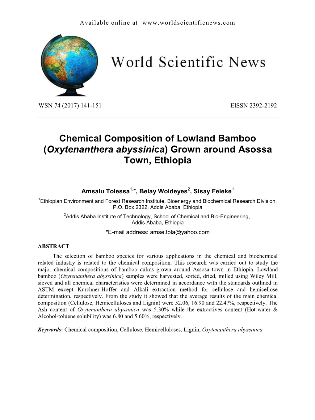Chemical Composition of Lowland Bamboo (Oxytenanthera Abyssinica) Grown Around Asossa Town, Ethiopia