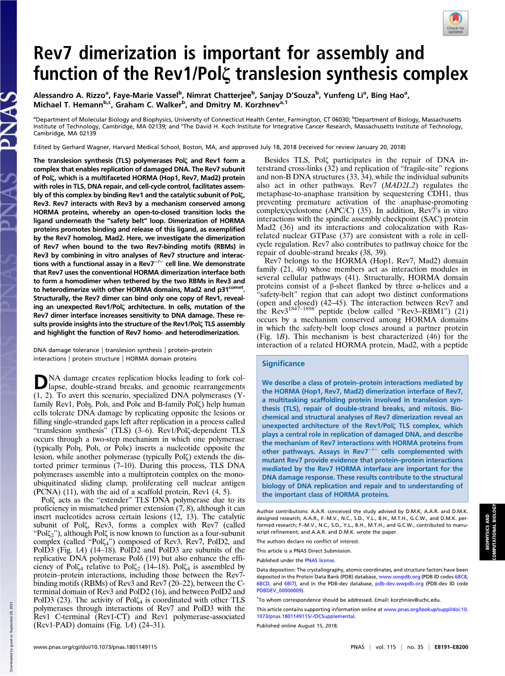 Rev7 Dimerization Is Important for Assembly and Function of the Rev1/Polζ Translesion Synthesis Complex