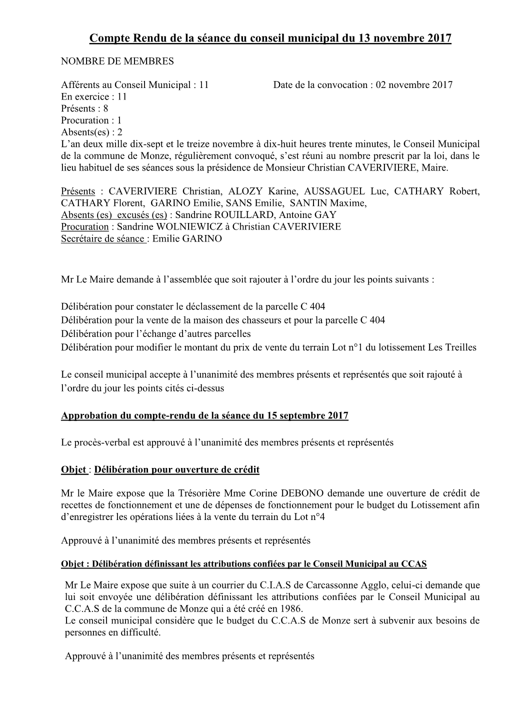 Compte Rendu De La Séance Du Conseil Municipal Du 13 Novembre 2017