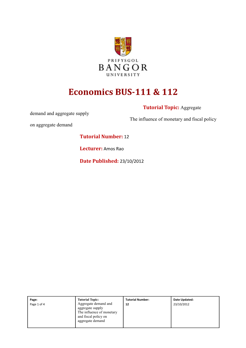 Tutorial Topic: Aggregate Demand and Aggregate Supply