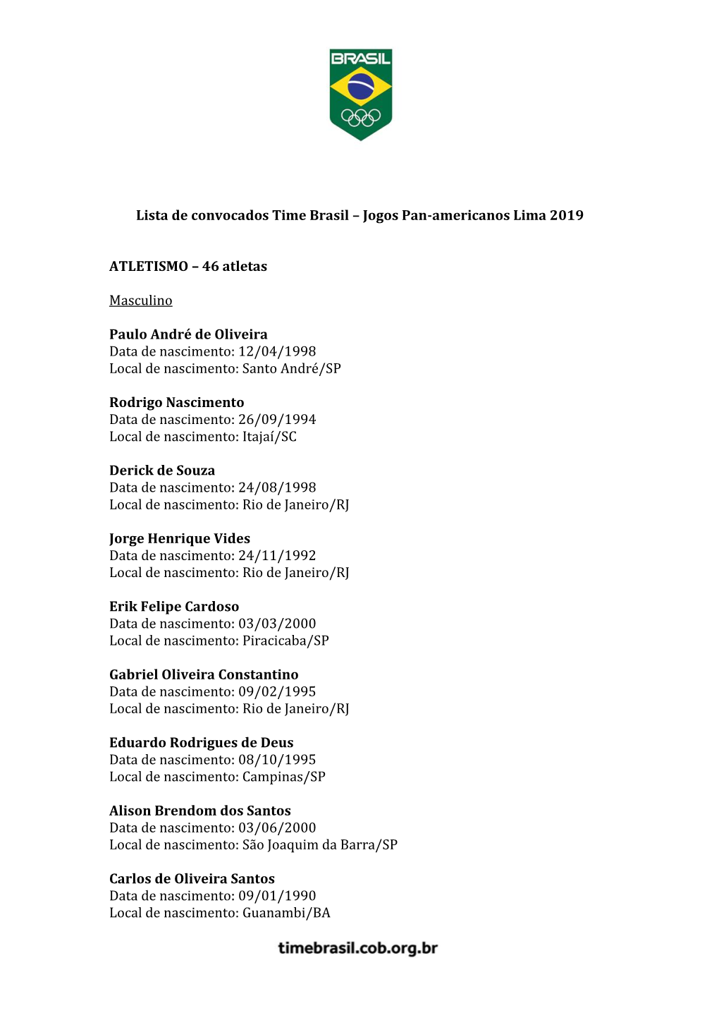 Jogos Pan-Americanos Lima 2019 ATLETISMO – 46 Atletas Masculino