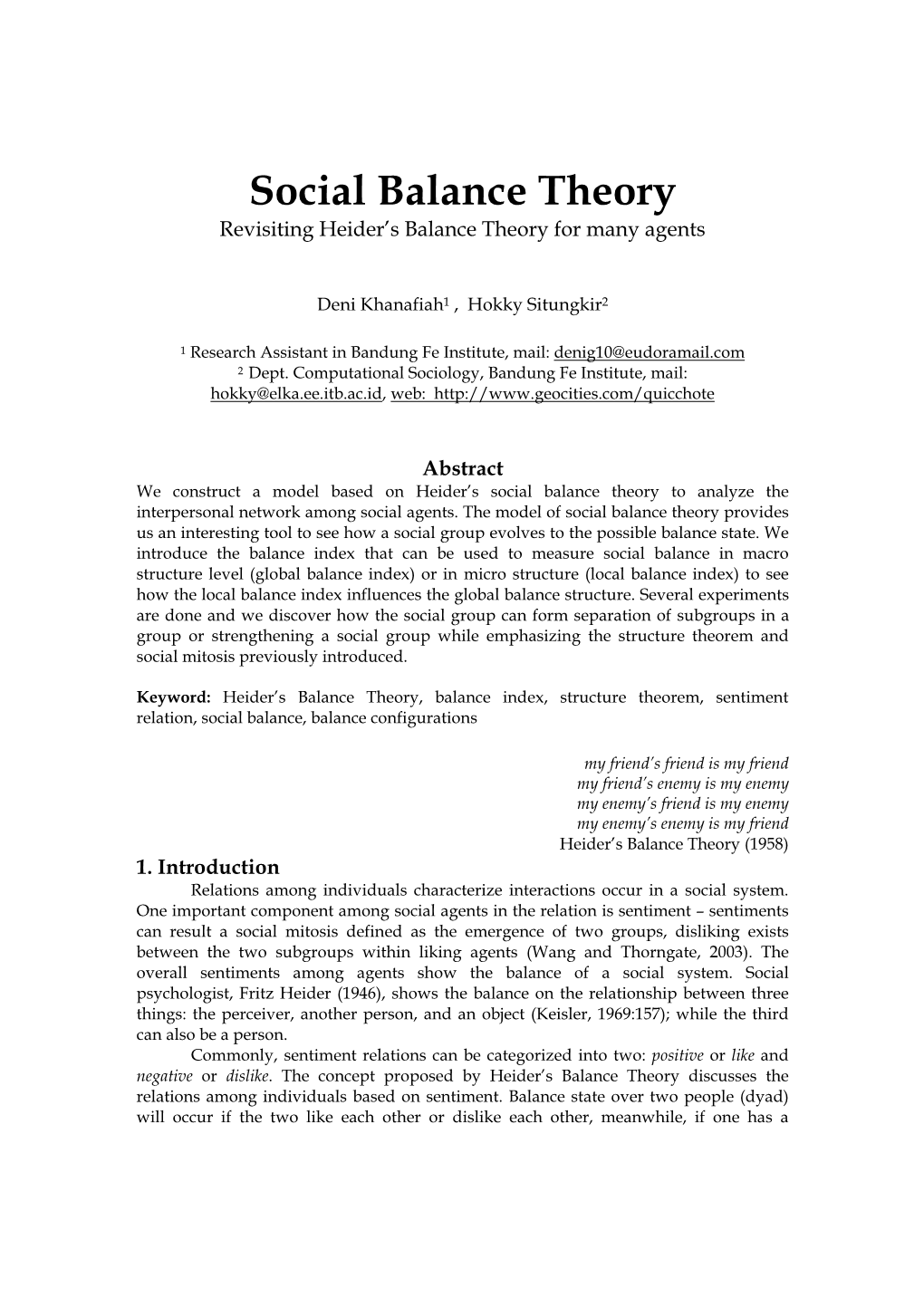 Social Balance Theory Revisiting Heider’S Balance Theory for Many Agents