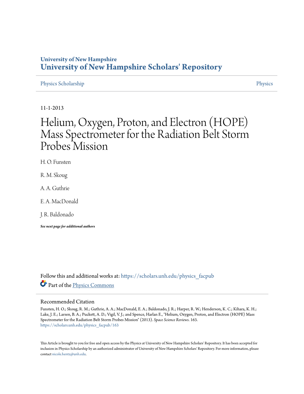 Mass Spectrometer for the Radiation Belt Storm Probes Mission H