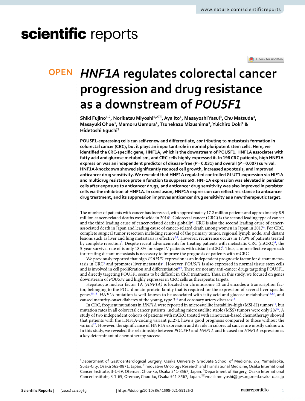 HNF1A Regulates Colorectal Cancer Progression and Drug Resistance As