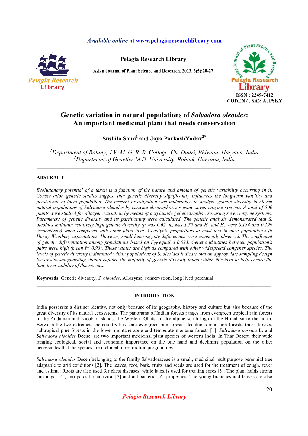 Genetic Variation in Natural Populations of Salvadora Oleoides : an Important Medicinal Plant That Needs Conservation