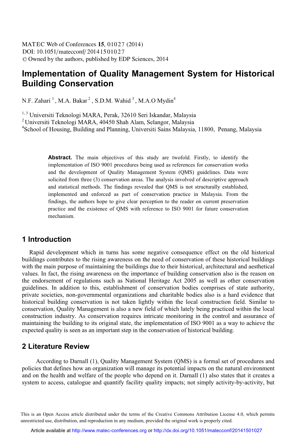 Implementation of Quality Management System for Historical Building Conservation