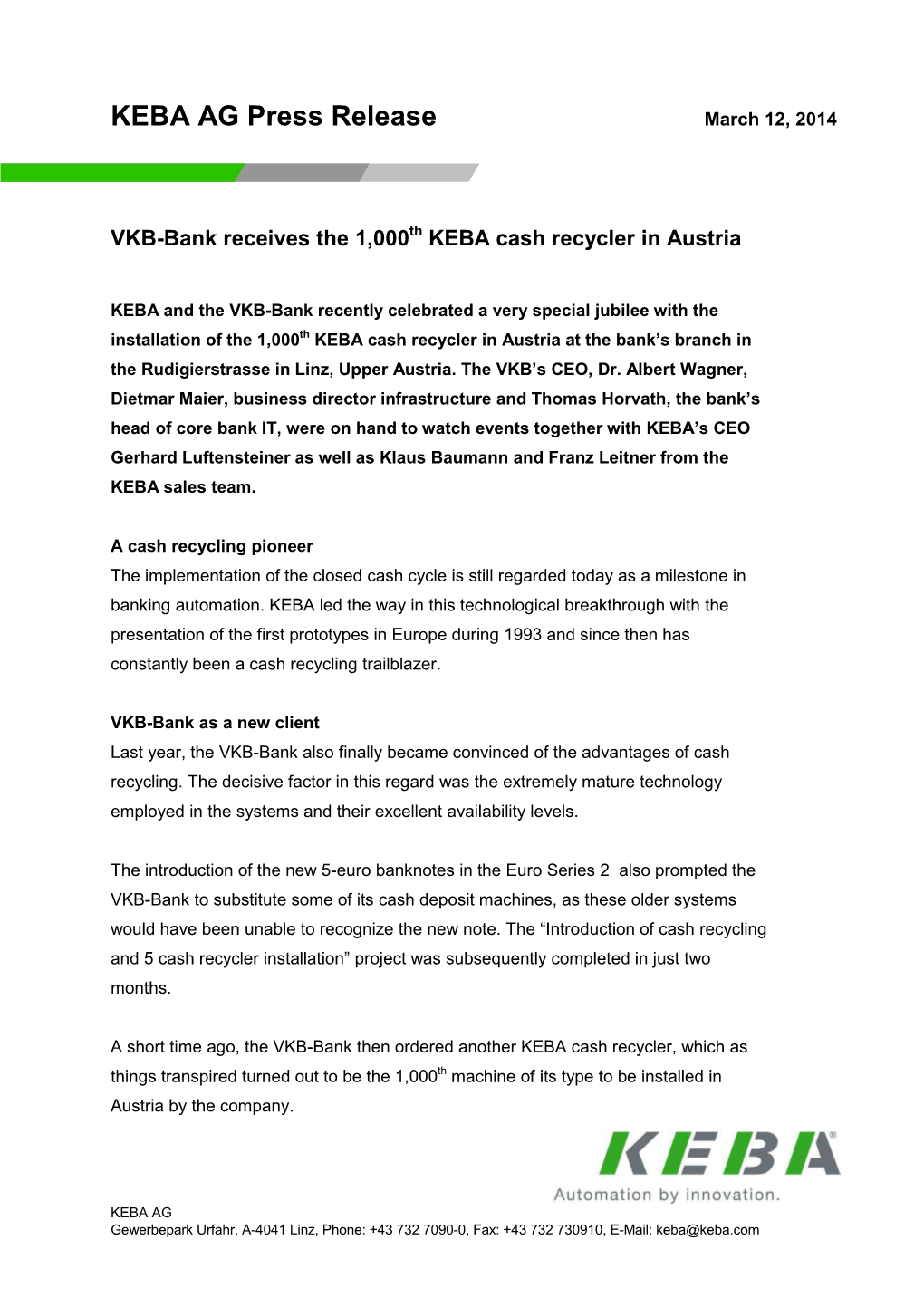 KEBA AG Press Release March 12, 2014