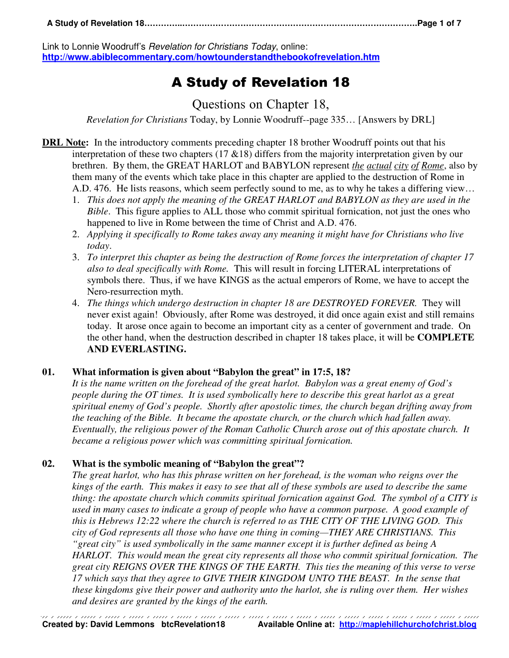 A Study of Revelation 18 Questions on Chapter 18, Revelation for Christians Today, by Lonnie Woodruff--Page 335… [Answers by DRL]