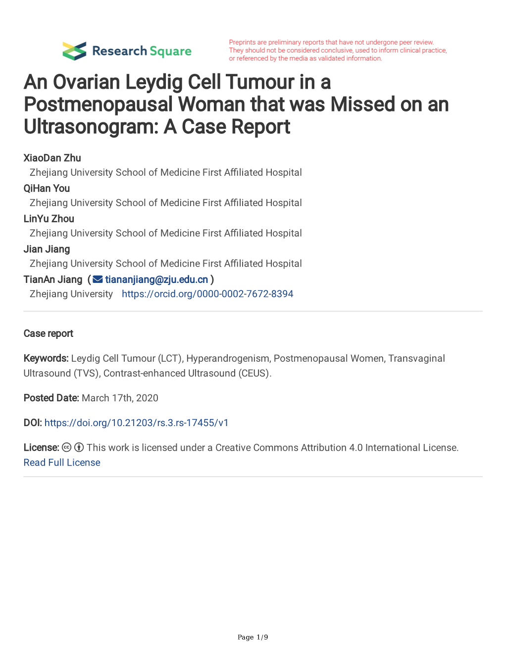 An Ovarian Leydig Cell Tumour in a Postmenopausal Woman That Was Missed on an Ultrasonogram: a Case Report