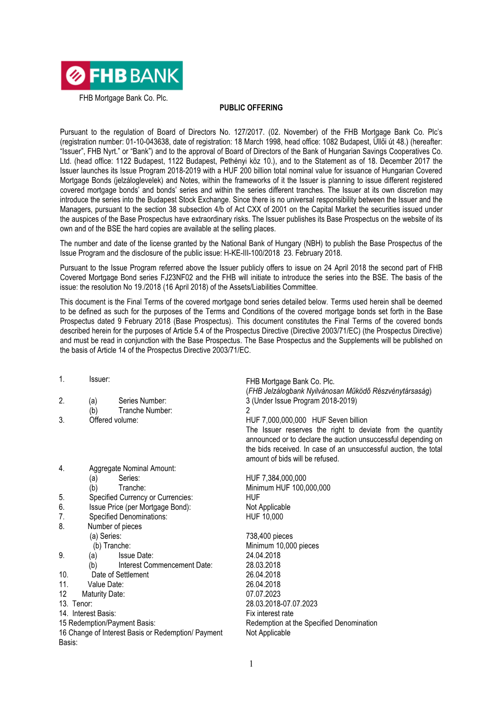 FHB Mortgage Bank Co. Plc. PUBLIC OFFERING Pursuant To