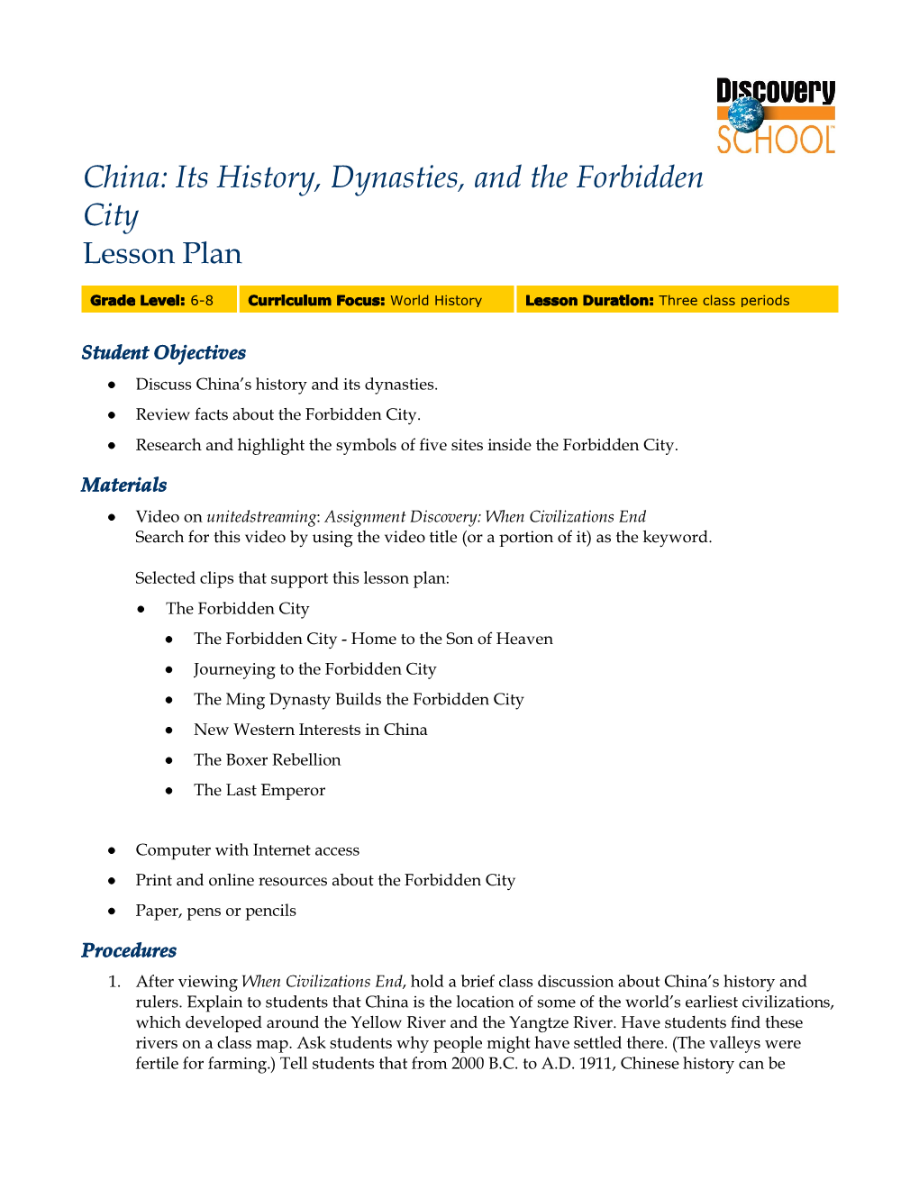 China: Its History, Dynasties, and the Forbidden City Lesson Plan