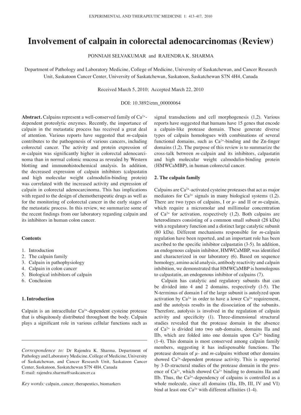 Involvement of Calpain in Colorectal Adenocarcinomas (Review)