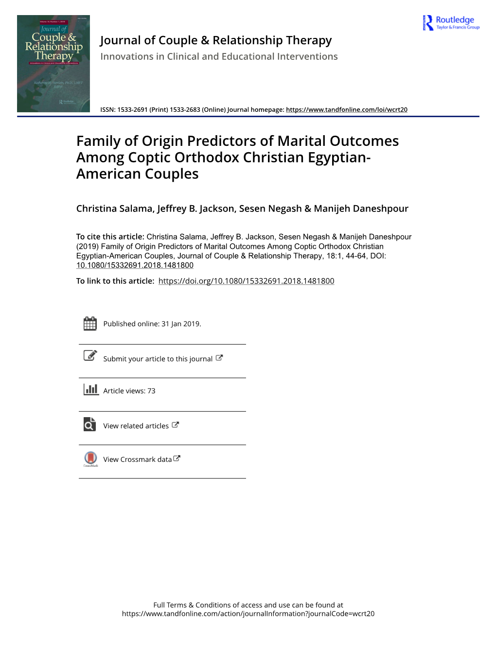 Family of Origin Predictors of Marital Outcomes Among Coptic Orthodox Christian Egyptian-American Couples