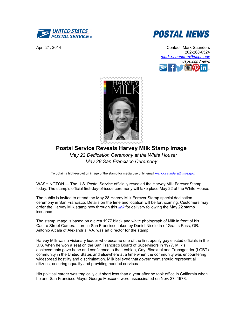 Postal Service Reveals Harvey Milk Stamp Image May 22 Dedication Ceremony at the White House; May 28 San Francisco Ceremony