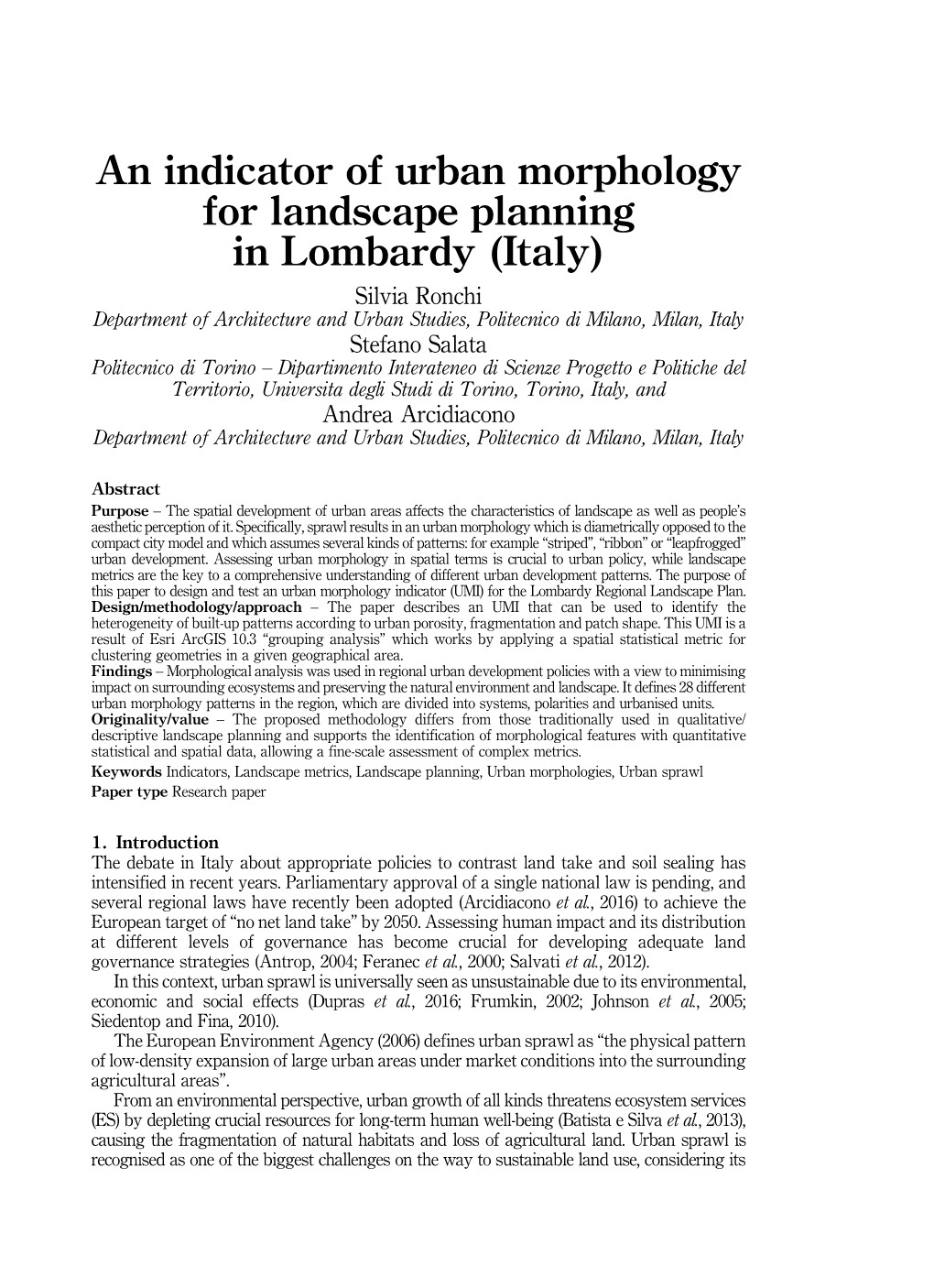 An Indicator of Urban Morphology for Landscape Planning in Lombardy