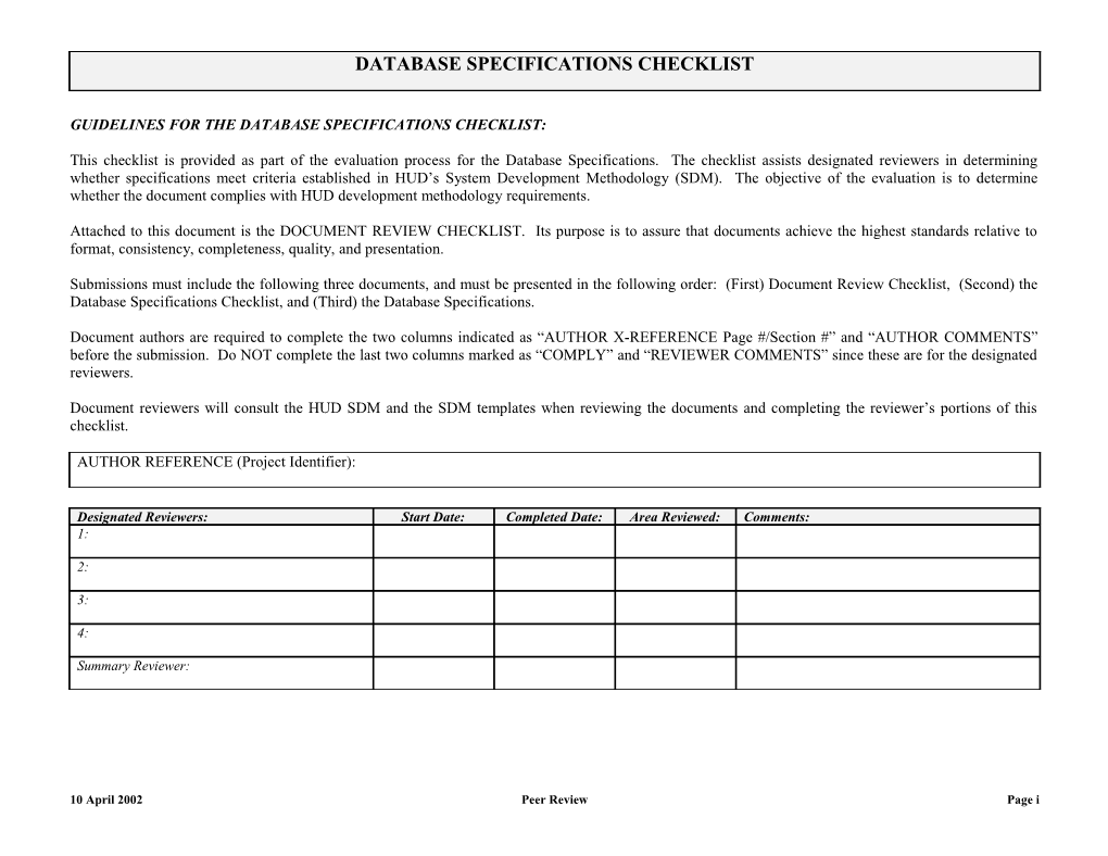 Database Specifications Checklist