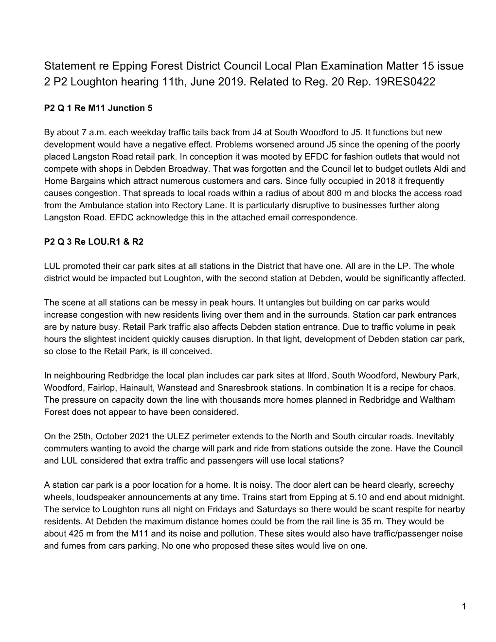 Statement Re Epping Forest District Council Local Plan Examination Matter 15 Issue 2 P2 Loughton Hearing 11Th, June 2019