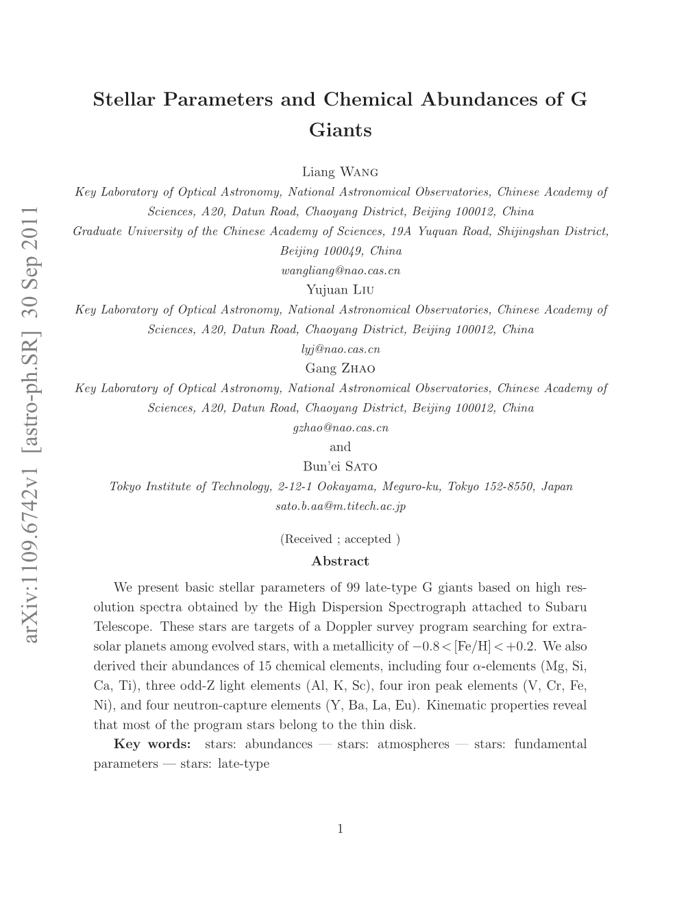 Stellar Parameters and Chemical Abundances of G Giants