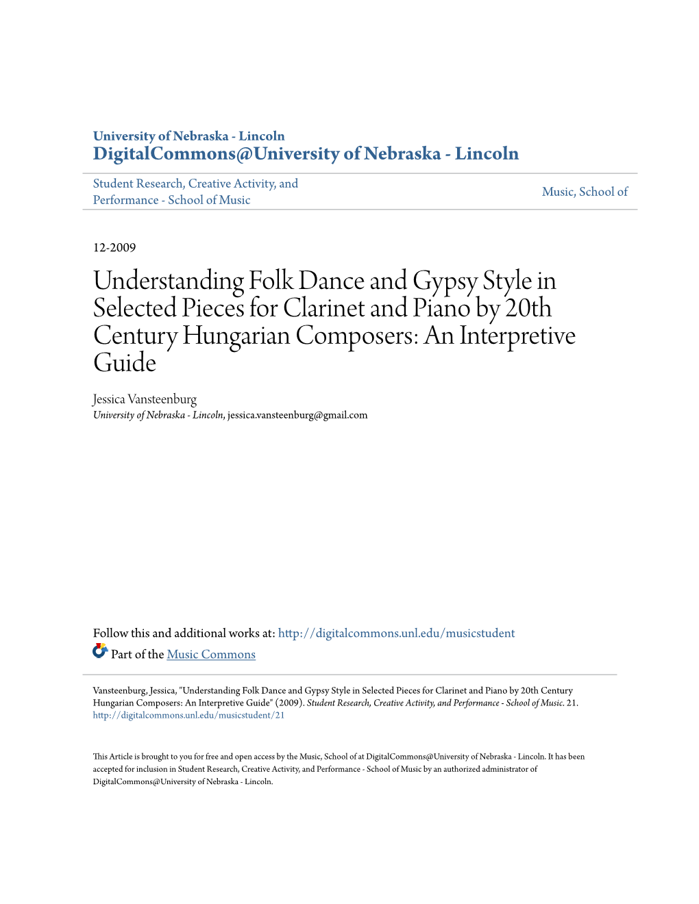 Understanding Folk Dance and Gypsy Style in Selected Pieces for Clarinet and Piano by 20Th Century Hungarian Composers