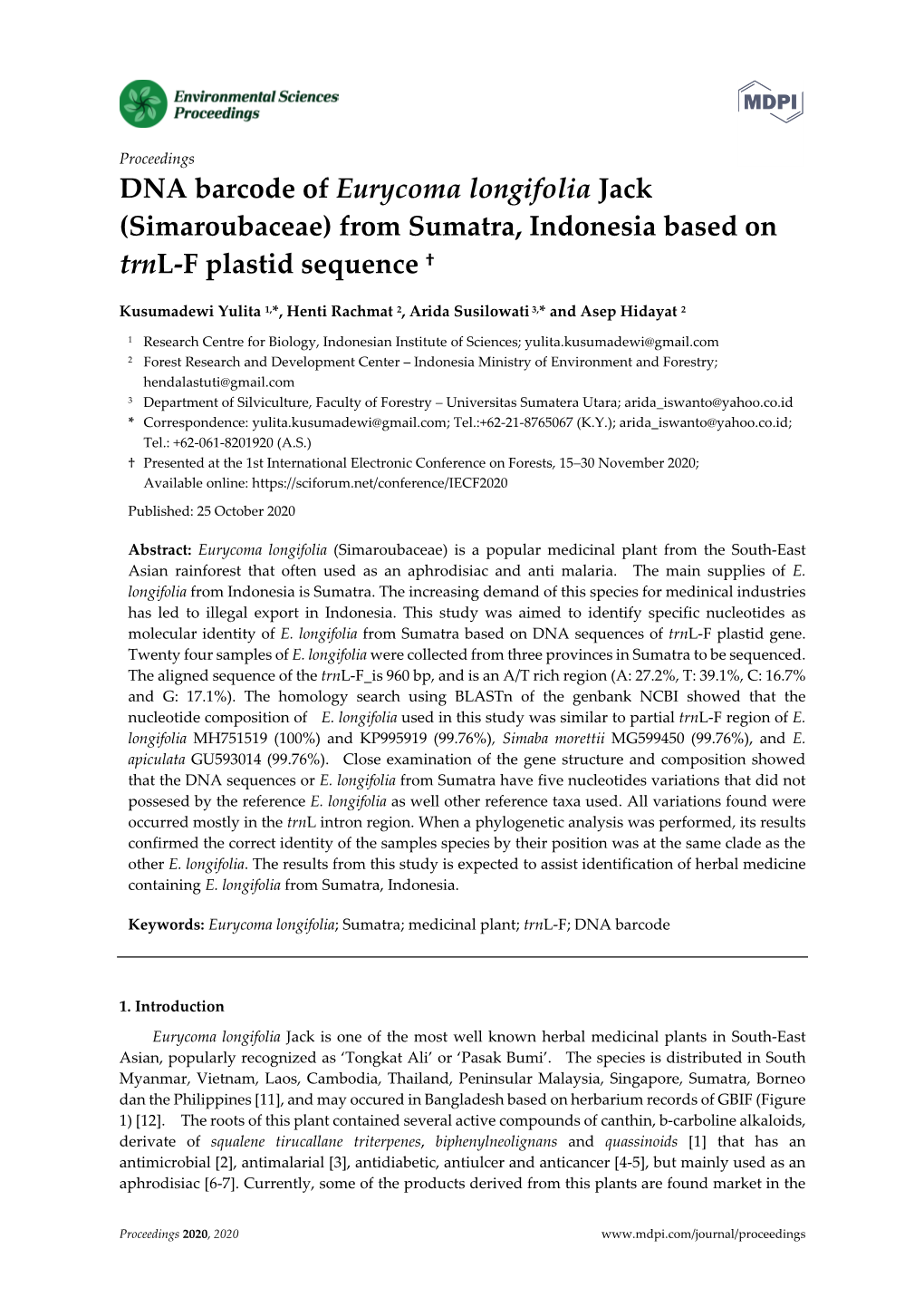 DNA Barcode of Eurycoma Longifolia Jack (Simaroubaceae) from Sumatra, Indonesia Based on Trnl-F Plastid Sequence †